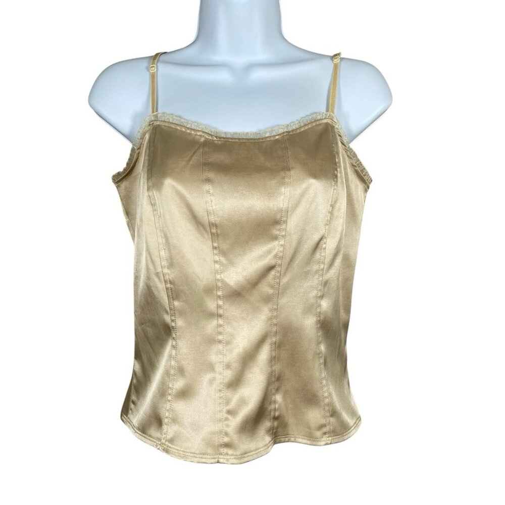 Vintage 90s Satin Corset Camisole Top M Ruffle Trim Sexy Grunge Indie Sleaze